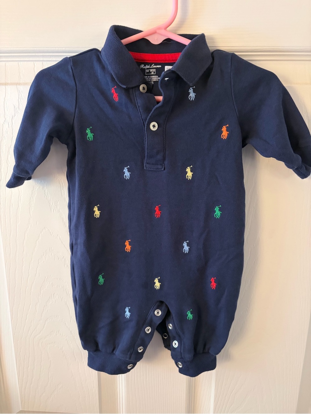 Ralph Lauren Navy Polo Romper with Red Trim and Multicolor Pony 3 mo